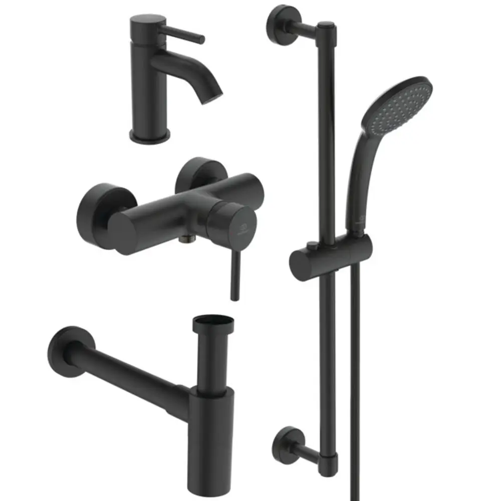 Armaturen-Set in Schwarz, bestehend aus Waschbeckenarmatur, Badewannenarmatur und Duschsystem, gestaltet von Ideal Standard.